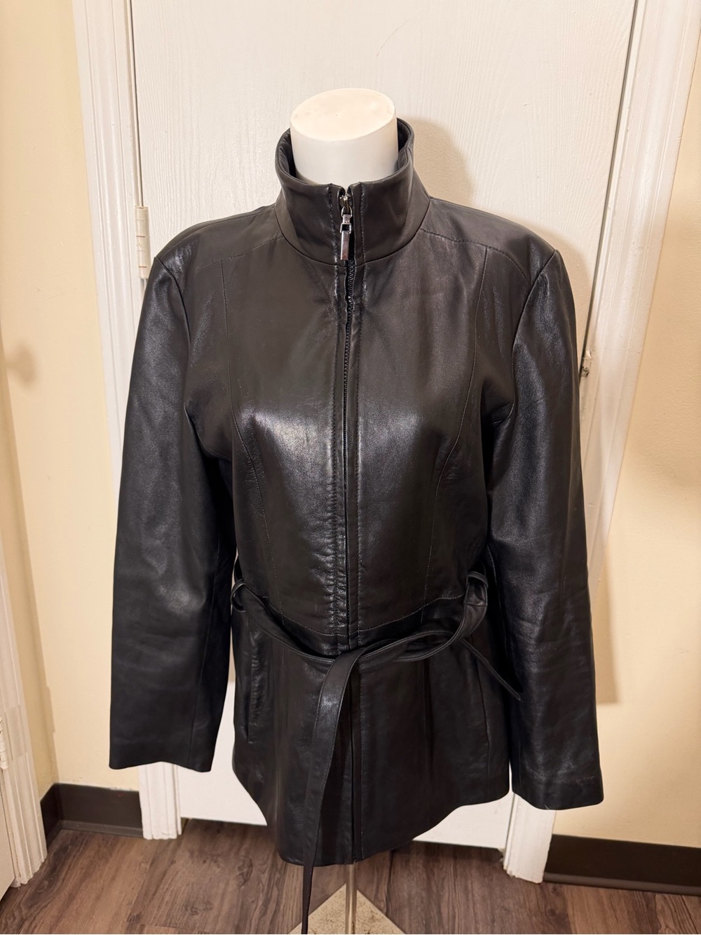Worthington Leather Jacket Women Medium Black Belted Trench Coat Zip Up